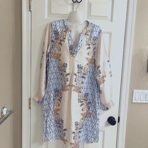 100% Linen Long Sleeve Floral Print Midi Dress Size L
